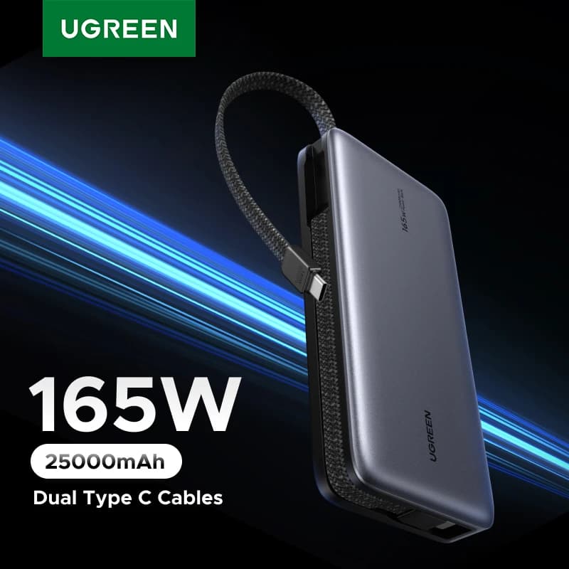 بنك طاقة يو جرين Nexode PD 165 واط 25000 مللي أمبير شاحن سريع محمول 140 واط PD3.1 مع كابلات Type C مزدوجة بطارية خارجية