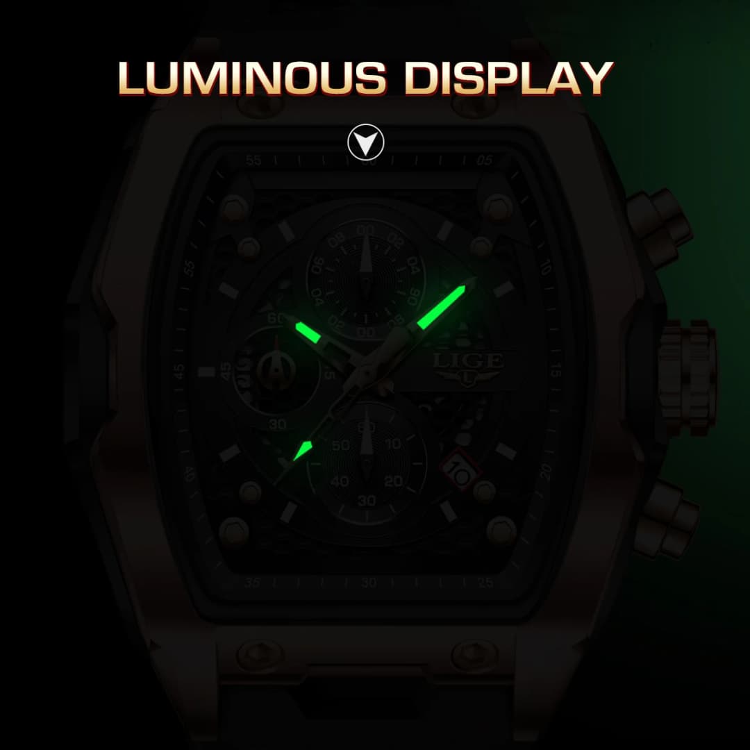 LIGE Men's Business Watch Waterproof Luminous Chronograph Date Quartz Movement Silicone Strap Wristwatch in Male+Box Packaging - 6