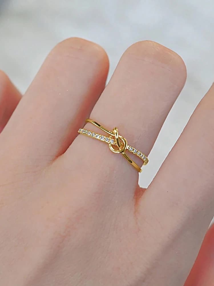 925 Sterling Silver Simplicity Advanced Golden Knot Double Ring For Women Anniversary Party Creativity High Quality Fine Jewelry - 4