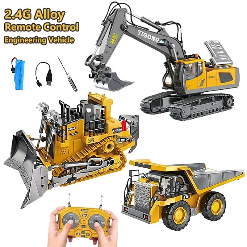 لعبة حفارة وجرافة تحكم عن بعد للأطفال 2.4Ghz، شاحنة مركبة بناء RC مع غطاء معدني وإضاءة وصوت