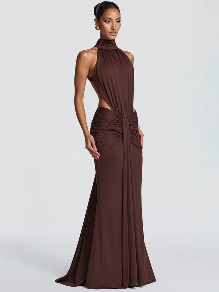 Mozision Turtleneck Backless Sexy Maxi Dress Women Gown Elegant Off-shoulder Sleeveless Ruched Bodycon Club Party Long Dress - 2
