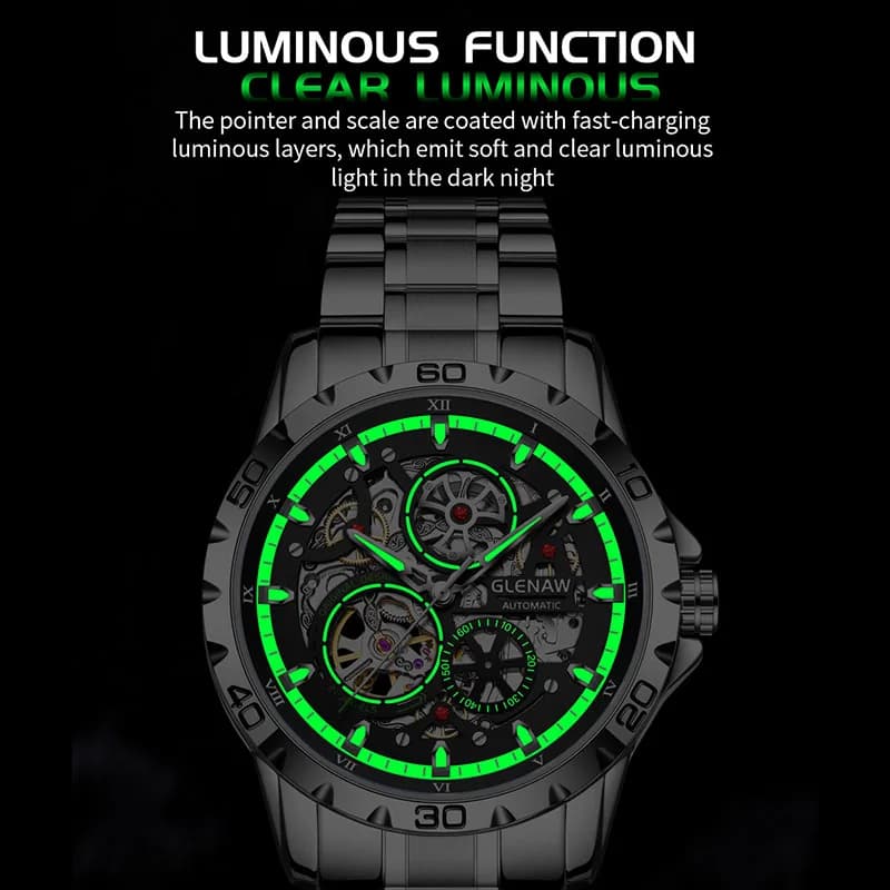 GLENAW Steampunk Skeleton Men's Watch Ring Luxury Automatic Mechanical Watches Luminous waterproof Stainless Steel Strap Watch - 5