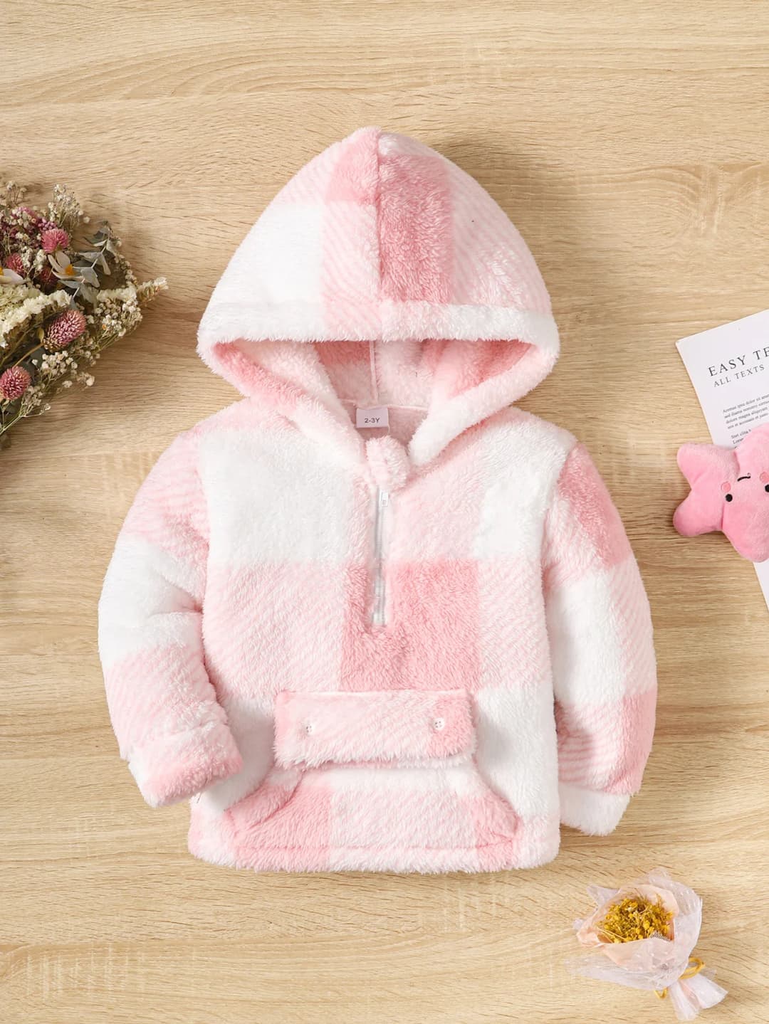 Little Girl Long Sleeved Hooded Sweater Cute Pink Plaid Jacket Plush Plush Thickened Fashion Clothes for Children Girl 2-8 Years - 6