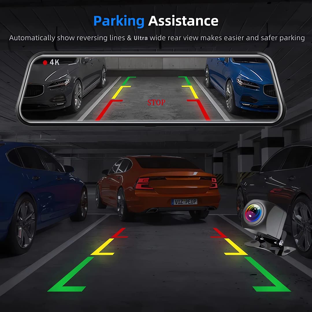 كاميرا سيارة 10 بوصة بدقة 4K 2160P مع نظام تحديد المواقع وواي فاي، جهاز تسجيل فيديو رقمي بمرآة بعدسة مزدوجة، شاشة IPS، مسجل قيادة، مرآة رؤية خلفية - 6