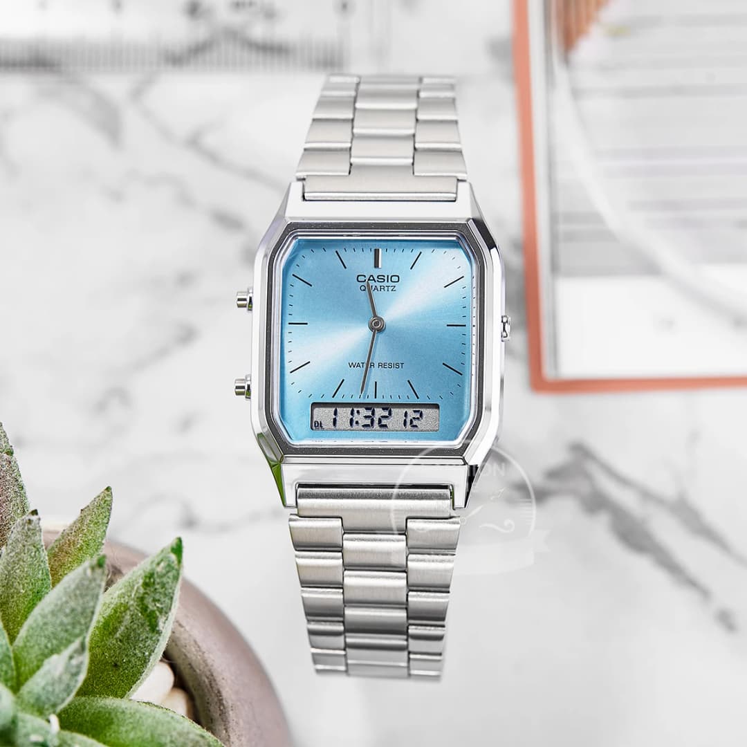 Casio Men's Watch Dual Display Screen Retro Style Personalized Dial Design Quartz Movement Water Resistant AQ-230A- - 4