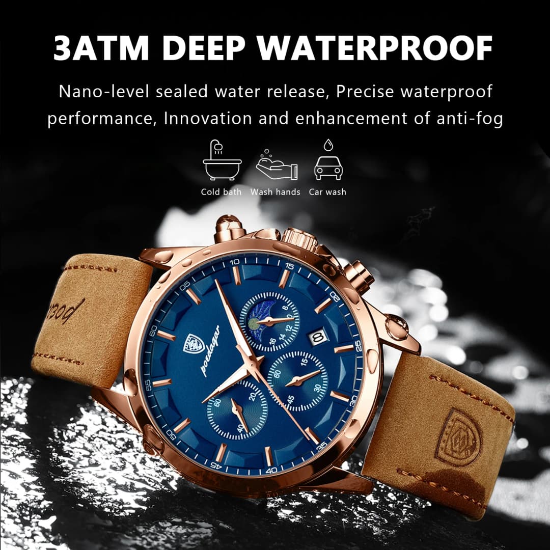 POEDAGAR Sports Luxury Men Quartz Watch Waterproof Chronograph Luminous Date Man Wristwatch Business Leather Men's Watches Clock - 2