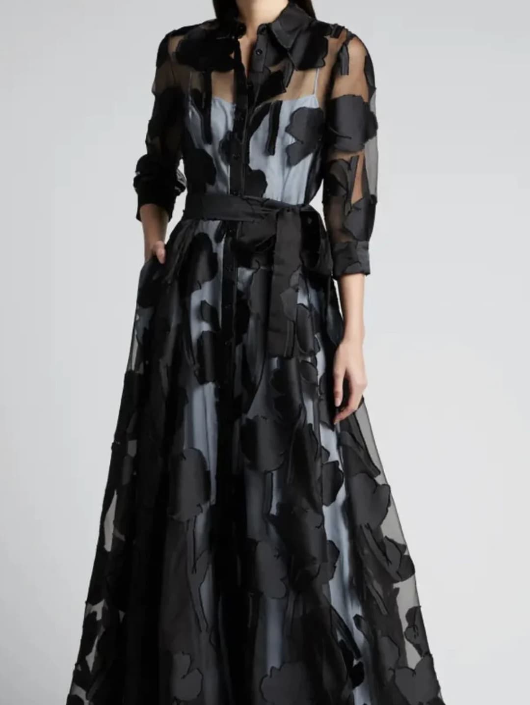 Elegant Three-Quarter Sleeve Knotted Waist Jacquard Mesh Maxi Dress for Women No Lining Transparent Club Party Long Dress - 3