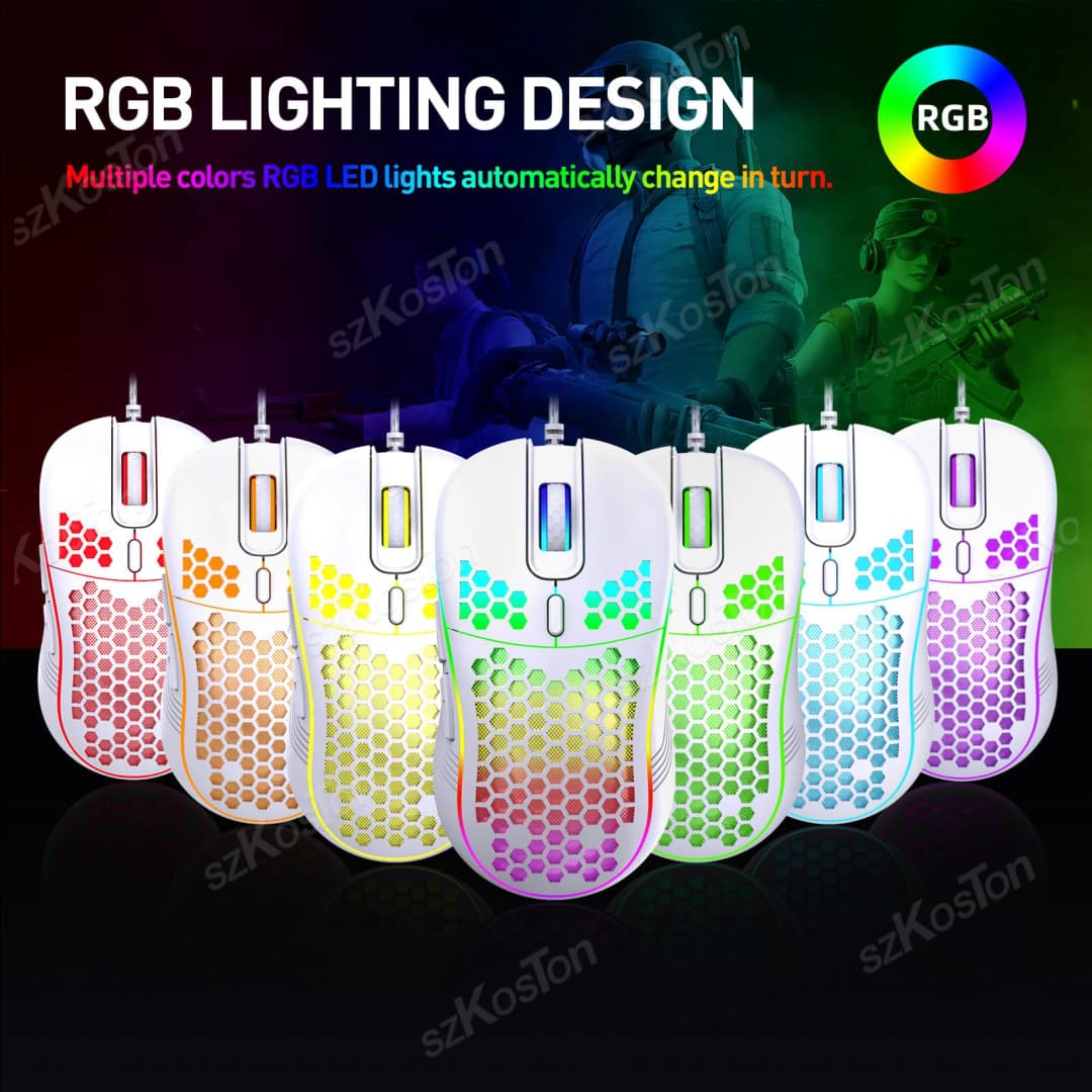ماوس ألعاب سلكي بتصميم خلية نحل إضاءة خلفية RGB 7200 DPI قابل للتعديل ماوس كمبيوتر USB مريح لجهاز الكمبيوتر المحمول وويندوز - 3