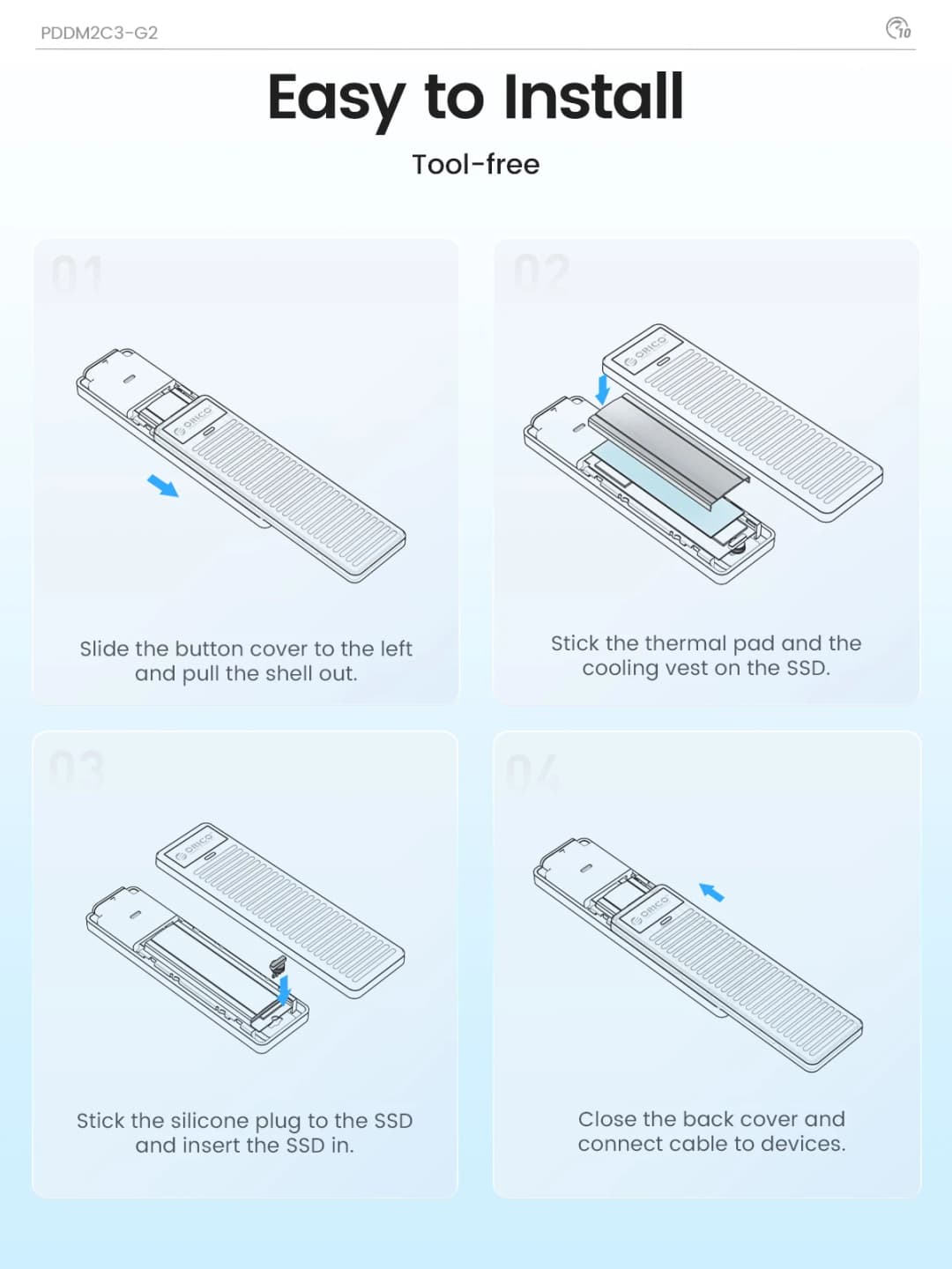 ORICO M.2 NVMe SSD Enclosure 10Gbps USB 3.2 Gen2 Case Box Simple Design Tool-free Support UASP for NVMe SATA SSD Gamers - 5