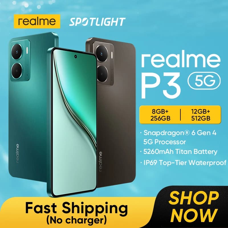 هاتف realme P3 5G ذكي عرض عالمي معالج Snapdragon® 6 Gen 4 بطارية 6000mAh شاشة 6.67 بوصة 120Hz AMOLED شحن 45W NFC