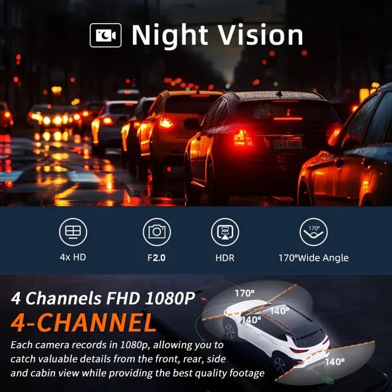 360° Car DVR Dash Cam 4 Lens Front Rear Left Right Inside IPS Screen Rotatable Lens Night Vision 24H Parking G-Sensor Black Box - 3