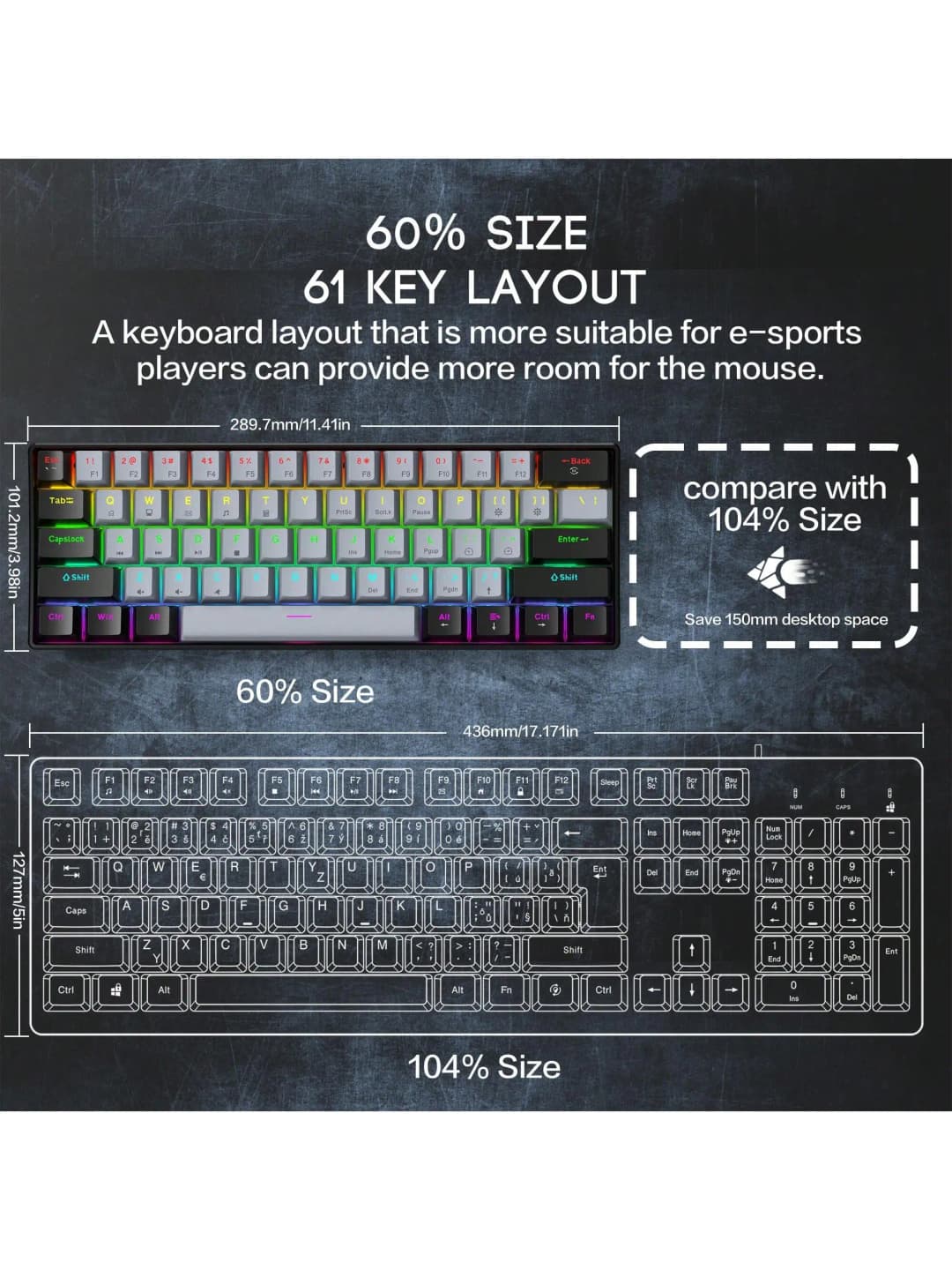 لوحة مفاتيح ميكانيكية سلكية للألعاب 60% مع إضاءة RGB خلفية، تصميم مدمج للكمبيوتر/Mac، سهلة الحمل للسفر - 4