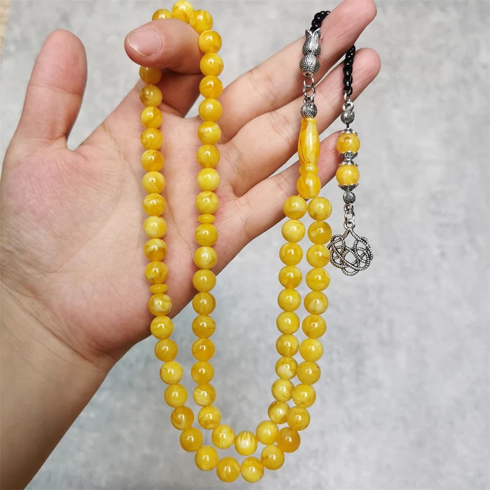 Yellow resin Tasbih amber Color handmade prayer beads 8mm 66 Rosary Metal tassels Islam gift Muslim misbaha tesbih - 3