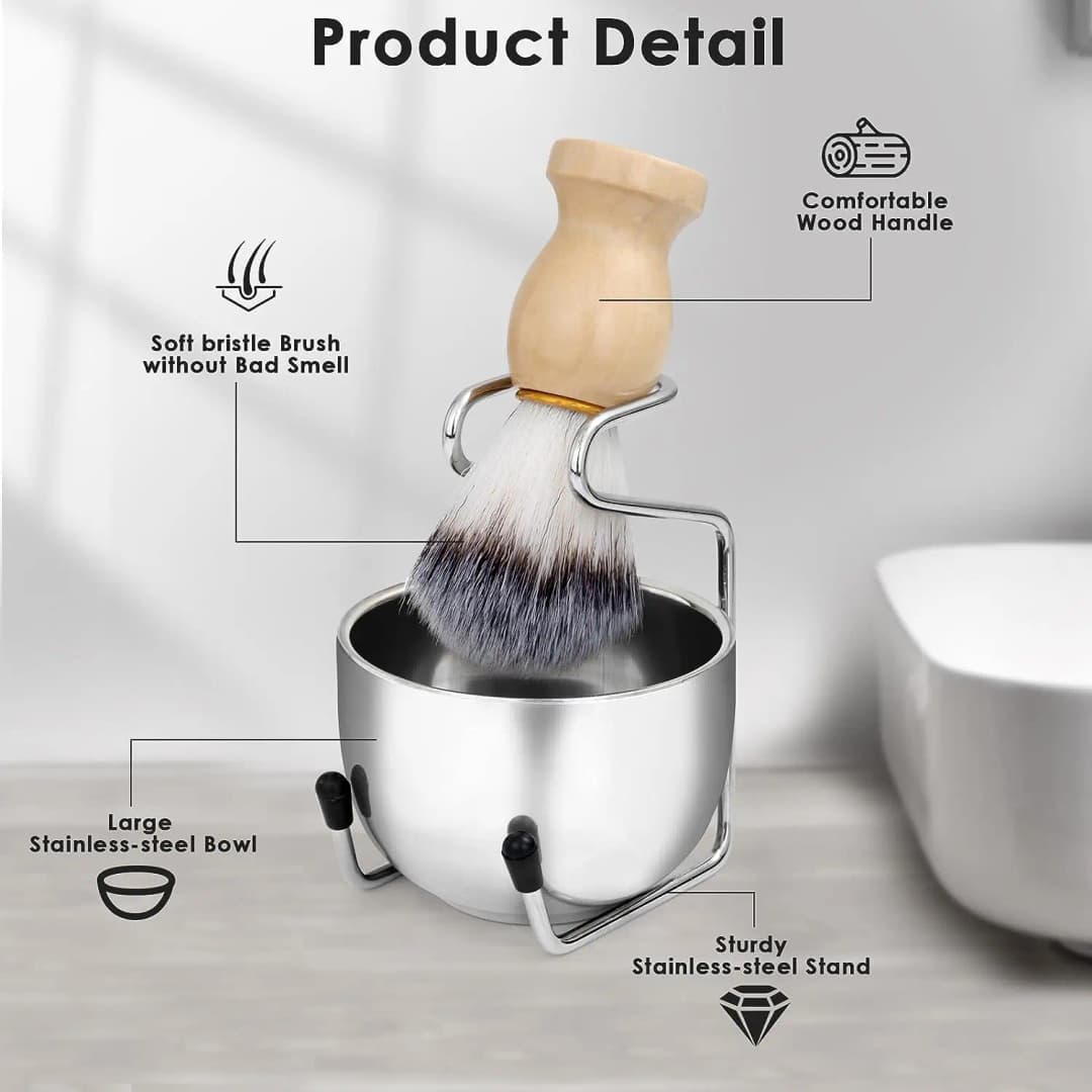 Mens Shaving Brush and Bowl Set, 3-in-1 Shaving Brush Kit Wood Handle with Stainless Steel Shaving Bowl & Brush Standas - 6
