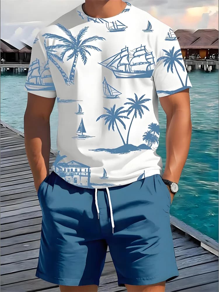 2 Piece Summer Casual Everyday Men's Short Sleeve Shorts Set Hawaiian Print Men's T-shirt Outdoor Sports Men's Beach Shorts - 5