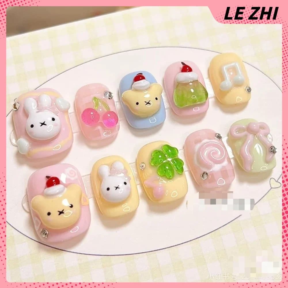 10Pcs Kawaii Rilakkuma Handmade Press On Nail Art Cartoon 3D Bowknot Strawberry Four Leaf Clover Pearl Nails Party Sticker - 5
