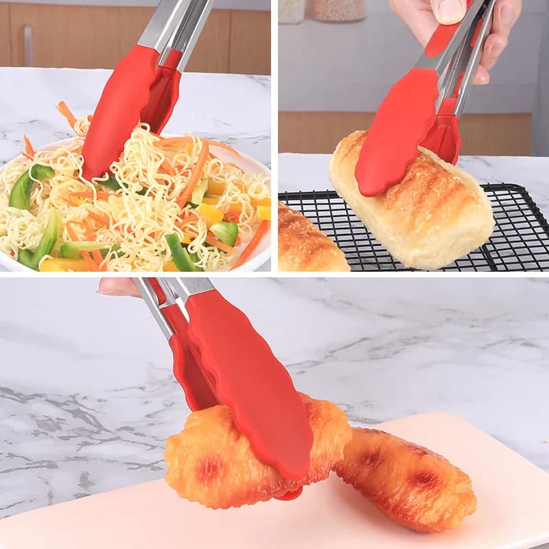 9-inch silicone food tongs Kitchen Grill stainless steel food grade silicone tip non-slip food tongs for BBQ salad breads - 6