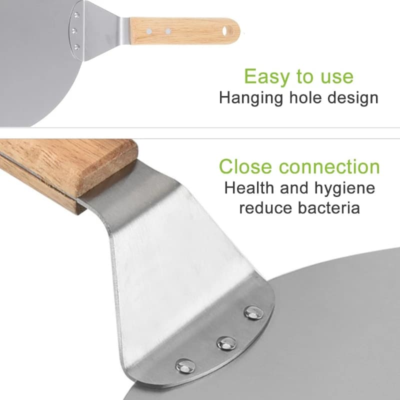 10/12inch Pizza Shovel Pastry Tools Stainless Steel Wooden Handle Peel Round Anti-scalding Pan Bakeware Maker - 4