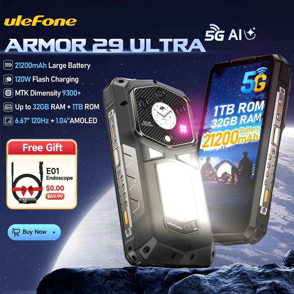 عرض عالمي لهاتف Ulefone Armor 29 Ultra 5G AI متين بشاشة مزدوجة ومعالج Dimensity 9300+ وبطارية 21200 مللي أمبير وشاشة 120 هرتز وسعة تخزين 1 تيرابايت وكاميرا 64 ميجابكسل وNFC بنظام أندرويد 15