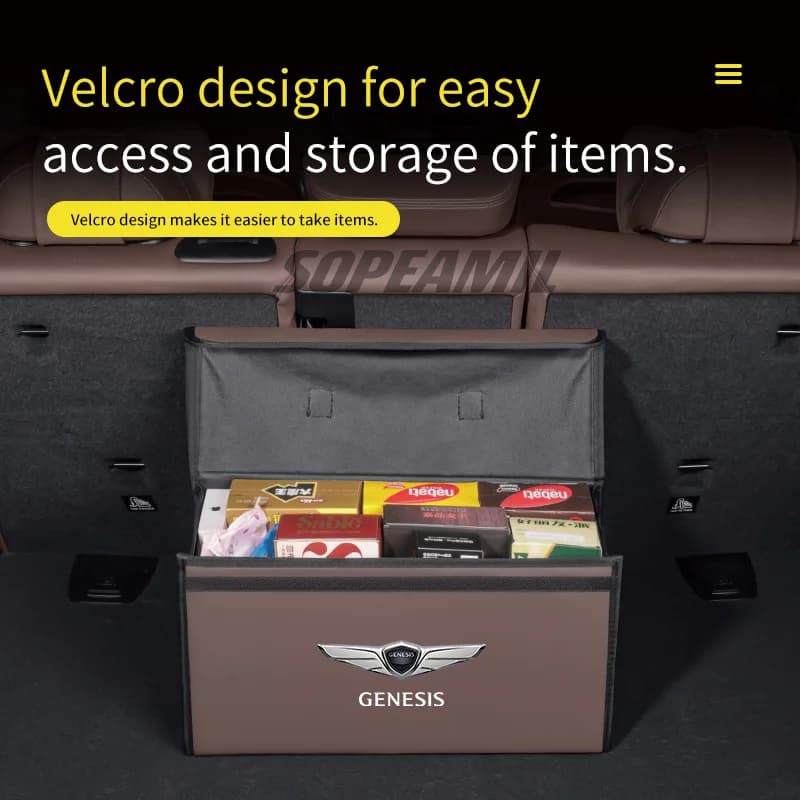صندوق تخزين من ألياف الكربون والجلد لصندوق السيارة حقيبة قابلة للطي لسيارات Genesis G70 G80 G90 GV60 GV70 GV80 GV90 Mint EVG80 - 3