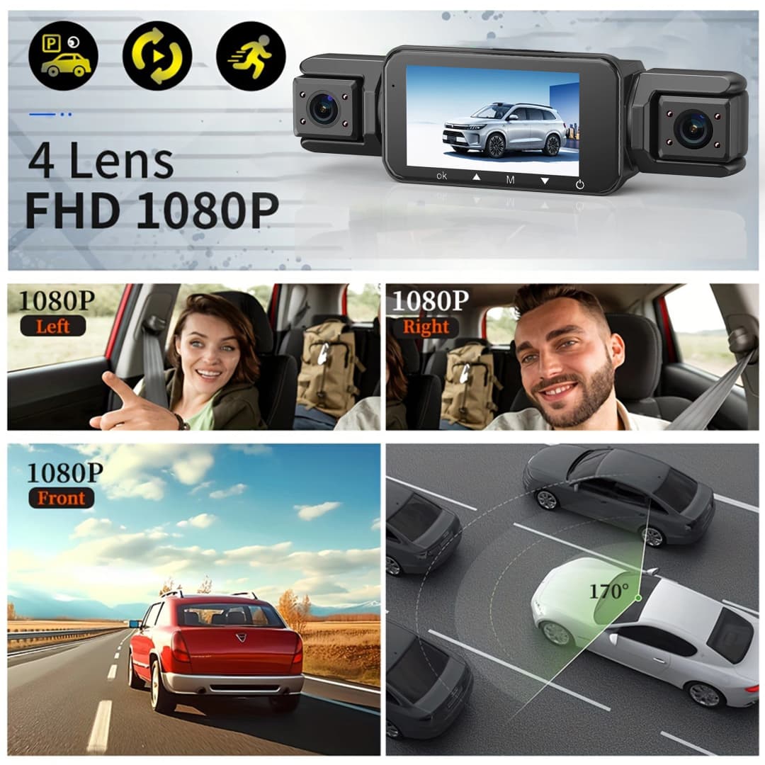 كاميرا داش للسيارة 4 قنوات - واي فاي، GPS، 1080P، كاميرات أمامية وخلفية وجانبية، رؤية ليلية، تسجيل حلقي 24 ساعة، شاشة ركن - 2