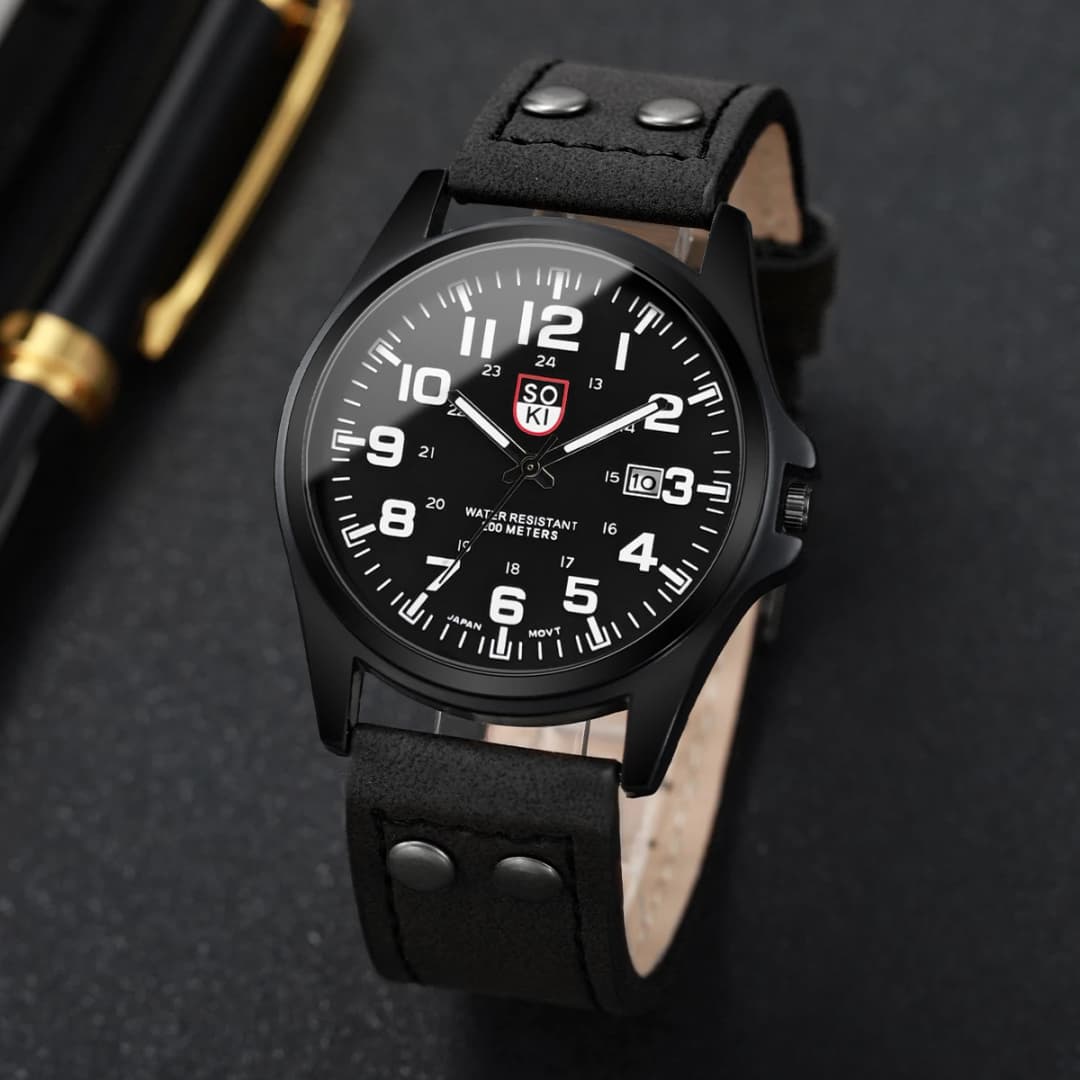 ساعة كوارتز رجالية عربية، حزام جلدي، ساعات رياضية مع تقويم - 5