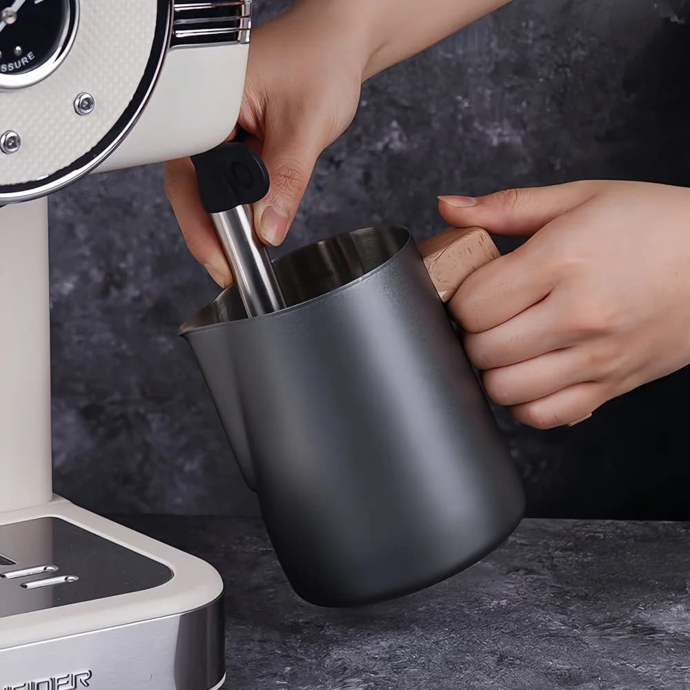 Coffee Milk Frothing Pitcher Jug Anti-scald Wood Grain Handle 304 Stainless Steel Precision Scale Professional Coffee Utensils - 4