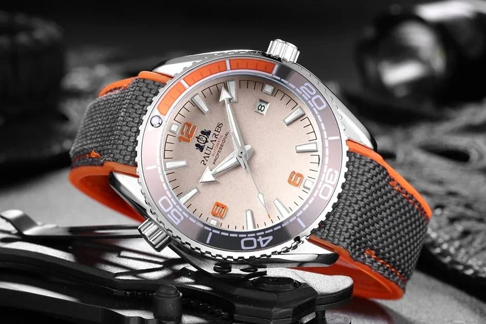 Automatic Mens Watch Mechanical Self Wind Movement Canvas Rubber Strap Orange Blue Red Luxury Fashion Watches - 3