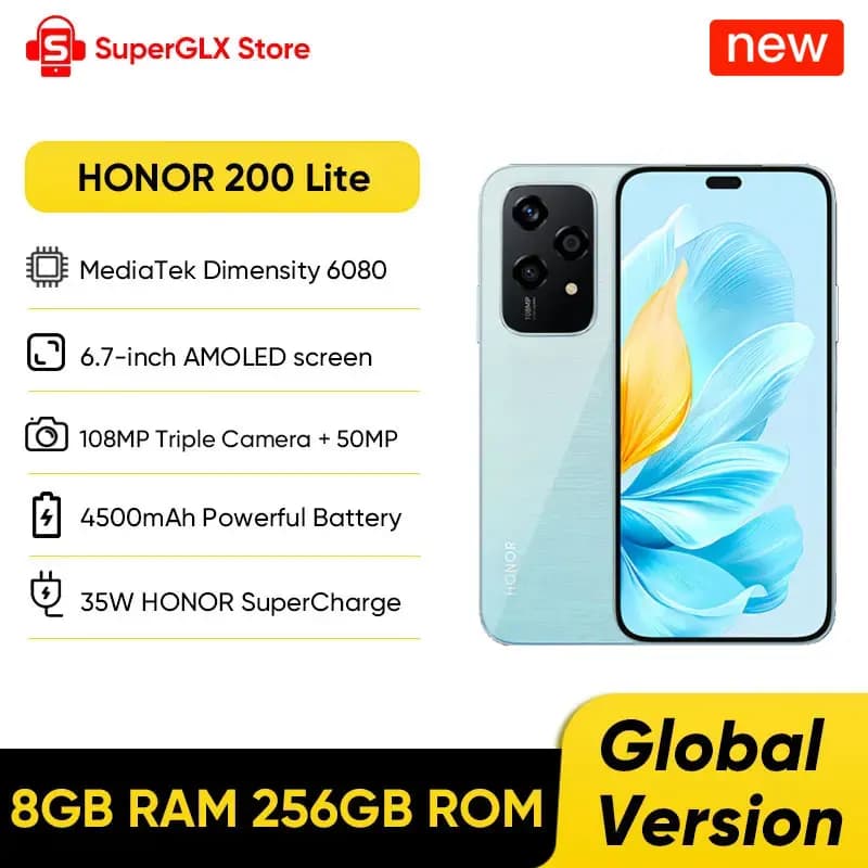 هاتف هونر 200 لايت إصدار عالمي أصلي، ذاكرة قراءة فقط 256 جيجابايت، 5G، معالج ميدياتيك دايمنستي 6080، شاشة AMOLED 6.7 بوصة بمعدل تحديث 90 هرتز، كاميرا رئيسية 108 ميجابكسل
