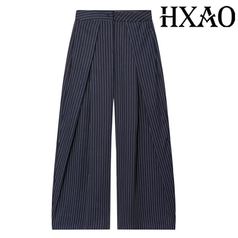 HXAO Women's Pants Baggy Wide Pants For Woman Minimalist Pleated Stripe Casual Pants Women Office Green Oversize Suit Trousers - 2