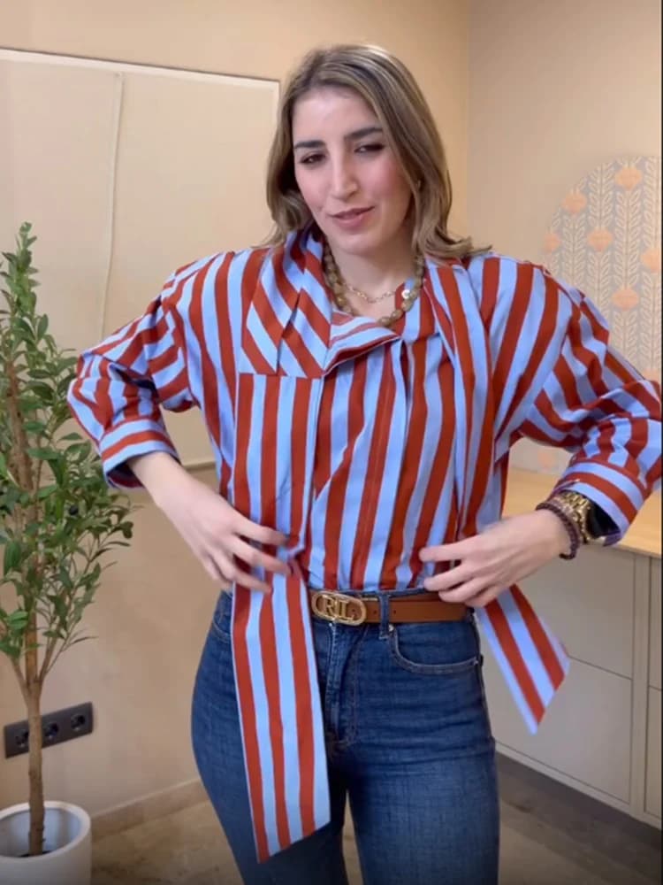 TFMLN Women Spring New Striped Shirt Elegant Bow Neck Single Breasted Loose Blouse Casual Vintage Printed Long Sleeve Shirts - 3