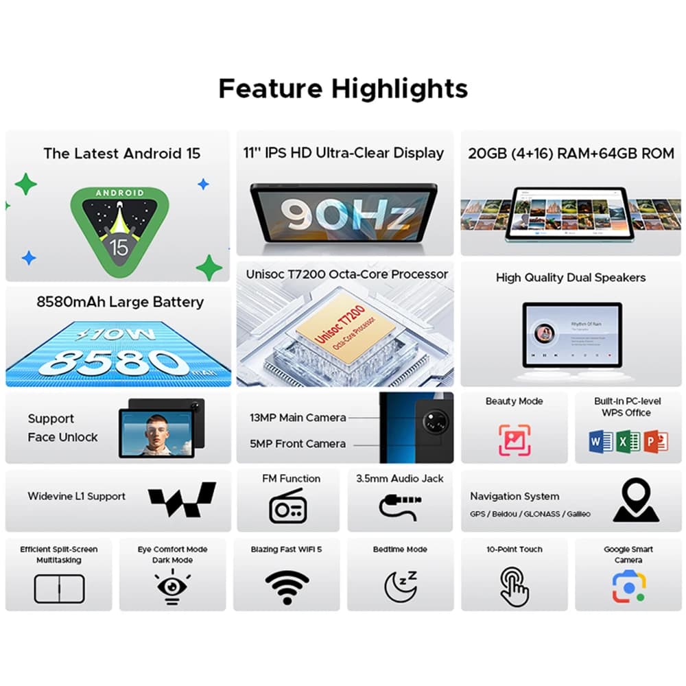 Global Version DOOGEE Tab A9+ Tablet 20GB 64GB 11" HD Display  8580mAh Unisoc T7200 Dual Speakers Android 15 2 In 1 Tablet - 2