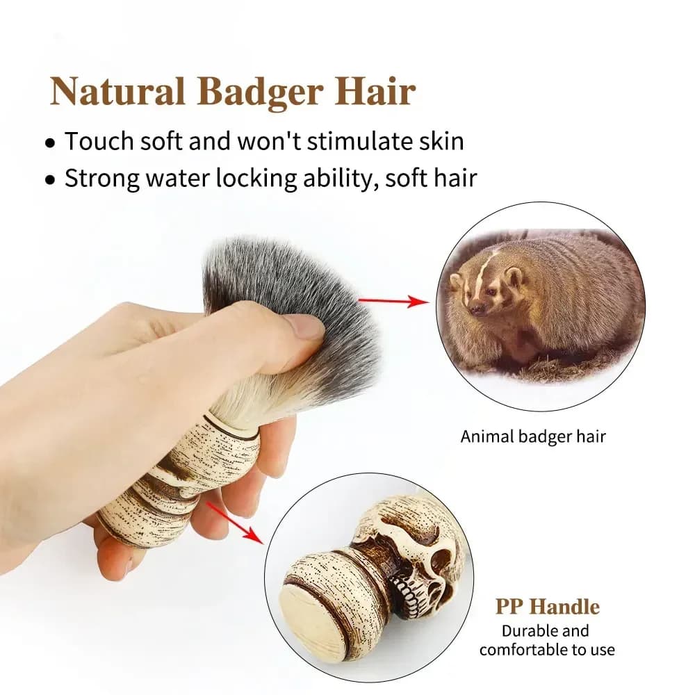 مجموعة حلاقة احترافية بتصميم جمجمة، تشمل فرشاة حلاقة ووعاء صابون رغوي لأدوات تنظيف اللحية والوجه - 2