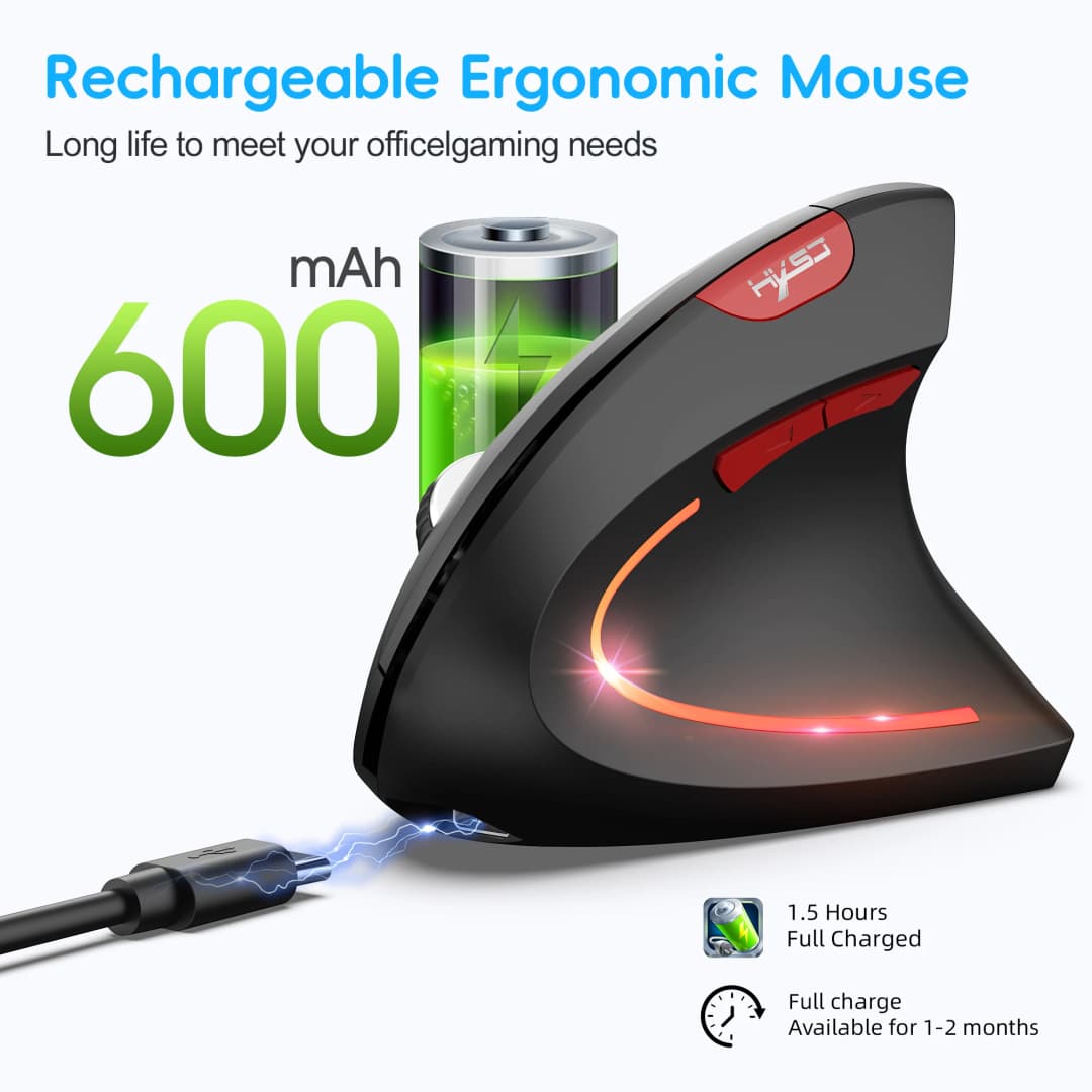 ماوس عمودي مزدوج الوضع HXSJ وصول جديد 2025 مريح ABS 600mAh قابل للشحن 2400DPI واجهة Type-c ماوس لاسلكي للكمبيوتر - 5