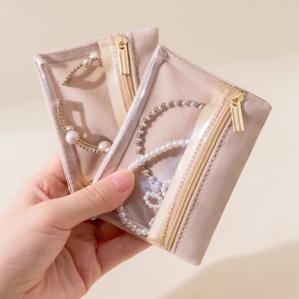 Portable Jewelry Storage Bag Earrings Necklace Velvet Zipper Pouch Travel Watch Ring Organizer Clear Water-Proof Dustproof Bag