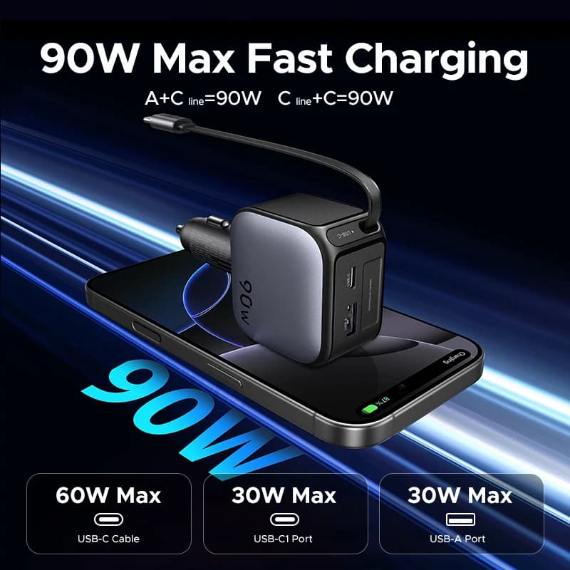 شاحن سيارة UGREEN 145 واط 90 واط 60 واط 3 منافذ USB-C ومنفذ USB-A PD QC4.0 شحن سريع مع كابل قابل للسحب لهاتف iPhone 17 Pro MacBook - 5