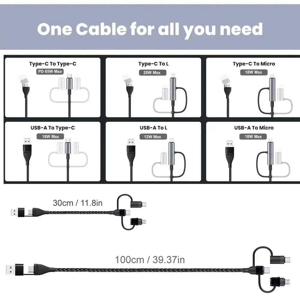 كابل شحن متعدد 4 5 في 1 PD 60 وات شحن سريع محمول USB C سلك شحن ومزامنة البيانات مع منافذ USB/Micro/Lightning من النوع C/Micro - 3