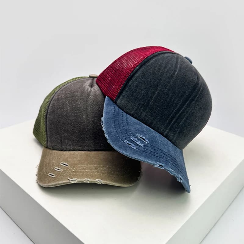 New Unisex Color Block Broken Style Baseball Hats Distress Breathable Mesh Sunshade Retro Trucker Caps Versatile Simple Fashion - 3