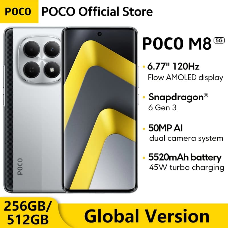 هاتف POCO M8 5G نسخة عالمية 256 جيجا بايت 512 جيجا بايت سناب دراجون® 6 الجيل 3 NFC 6.77 بوصة شاشة 120 هرتز كاميرا 50 ميجابكسل بطارية 5520 مللي أمبير شحن 45 واط