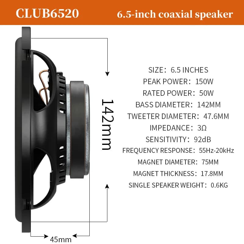 سماعة سيارة JBL مقاس 6.5 بوصة، سماعة محورية 150 واط طاقة حقيقية بدون طاقة زائفة، سماعة تردد كامل ثنائية الاتجاه، سماعة ستيريو - 5