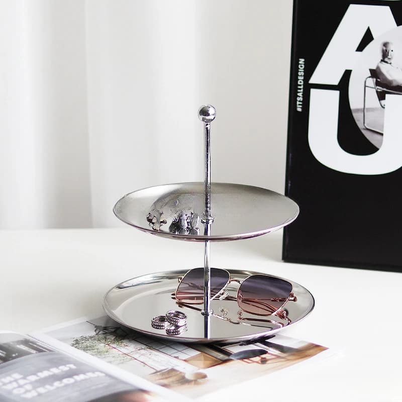 صينية تنظيم من الفولاذ المقاوم للصدأ للمجوهرات والمفاتيح والكعك، طبق عرض متعدد الطبقات، رف منزلي مع قاعدة غير قابلة للانزلاق - 2