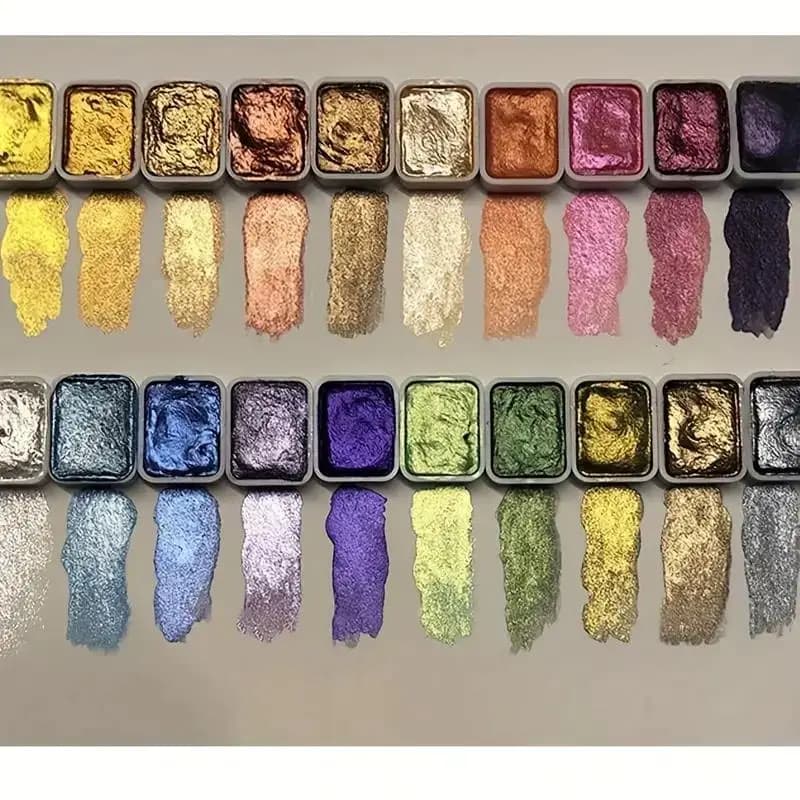 مجموعة ألوان مائية معدنية 20 لونًا، صندوق محمول مع لوحة ألوان مائية صلبة لؤلؤية لامعة، لوازم فنية - 5