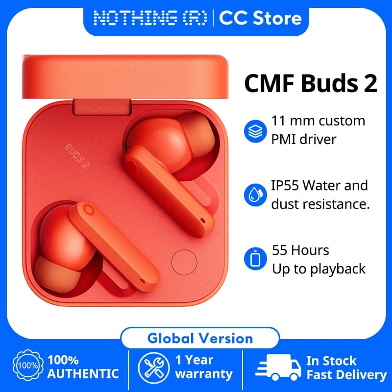 سماعات ناثينج CMF بودز 2، مشغل مع Dirac Opteo 6، 6 ميكروفونات عالية الجودة، وضوح صوت 48dB، 11mm PMI، تقنية ANC الهجينة، مقاومة للماء IP55