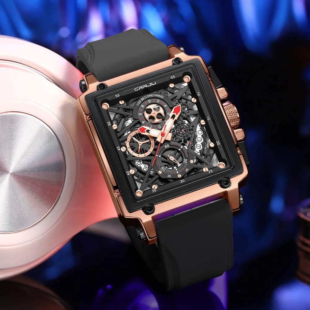 CRRJU ساعة معصم كرونوغراف رياضية للرجال حزام سيليكون عسكري ساعة إيقاف كوارتز مربعة ساعة رجالية - 2