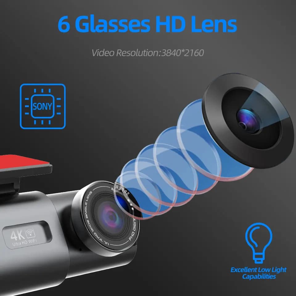 كاميرا سيارة تسجيل 4K UHD كاميرا DVR رؤية ليلية مسجل فيديو مدمج واي فاي دعم GPS مراقبة 24 ساعة - 3
