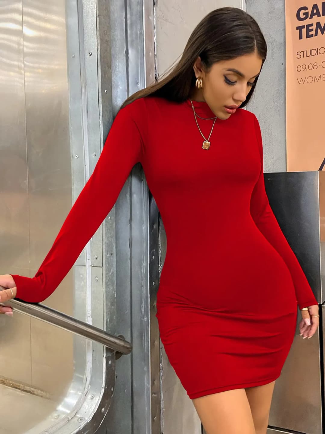 Long Sleeve Slim Bodycon Mini Dress Women Turtleneck Pleated Party Ruched Short Evening Club Outfit Soild Color - 2