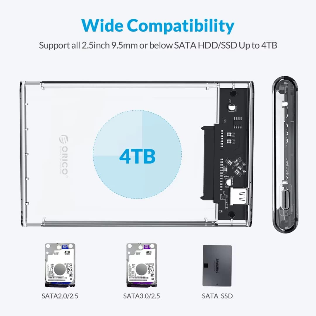 ORICO USB3.0 Type-C غطاء قرص صلب خارجي 2.5 بوصة SATA إلى USB3.0 بسرعة 5 جيجابت في الثانية مع دعم UASP بدون أدوات لإكسسوارات الكمبيوتر - 3