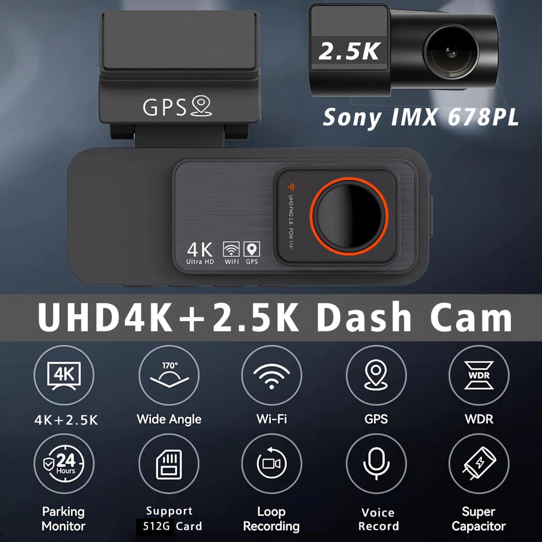 Dash Cam Dual Lens 4K UHD Recording Car Camera DVR Night Vision Video Recorder GPS Wi-Fi Room Black Box 2.5K Rear View Camera - 2