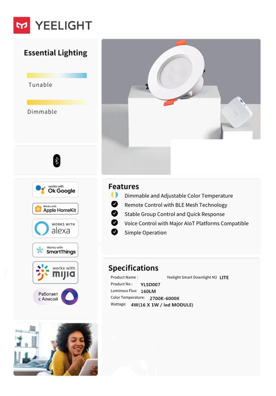إضاءة سقف ذكية مدمجة من YEELIGHT Mesh M2 Lite، 220V، اتصال Bluetooth4.2، 160 لومن، متوافقة مع Mi Home وGoogle وAlexa - 5