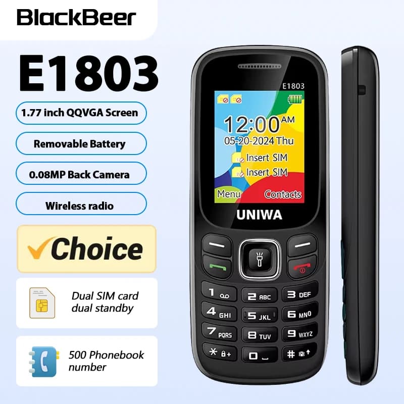 هاتف محمول UNIWA E1803 بسعر منخفض، هاتف 2G GSM بشاشة 1.77 بوصة، هاتف مزدوج الشريحة لكبار السن، زر ضغط، راديو لاسلكي، مصباح يدوي